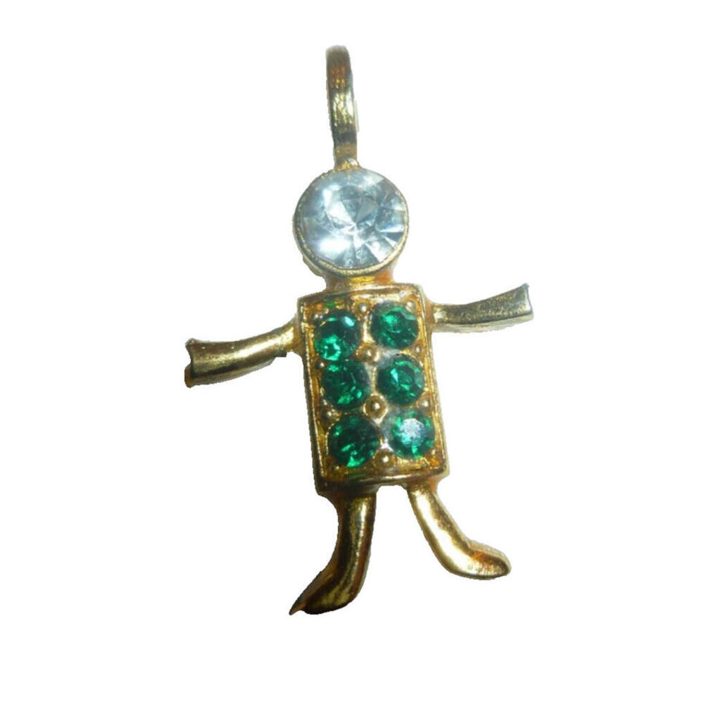 Vintage K.L.S. USA Gold Tone Boy Stick Figure Pendant Green Clear Rhinestone